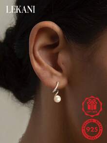 LEKANI 1 par de pendientes de plata de ley 925 con perlas, piedras de circonita, diseño minimalista, pendientes elegantes para mujer, regalo de joyería de lujo para madre, novia, amiga, pareja, uso diario - Plateado - Ver 1