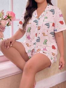 2pcs/Set Women's Pajama Set, Cute Dinosaur Family Print, Women's Loungewear, Spring/Summer Holiday Outfit, Short Sleeve Lapel Top And Shorts Wearable Set - Pink - View 3
