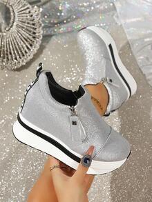9cm Hidden Height Increase Thick Sole Casual Shoes With Double Side Zippers, Versatile Platform Sneakers - Silver - View 3