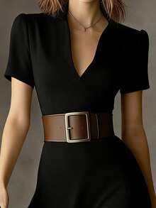 HUTENER Vestido midi A-line de mujer negro con cuello pequeño, manga corta y cintura ceñida, ropa de verano para mujer, vestido midi A-line que estiliza sin cinturón, elegante para ir al trabajo y uso diario (sin cinturón incluido) - Negro - Ver 4