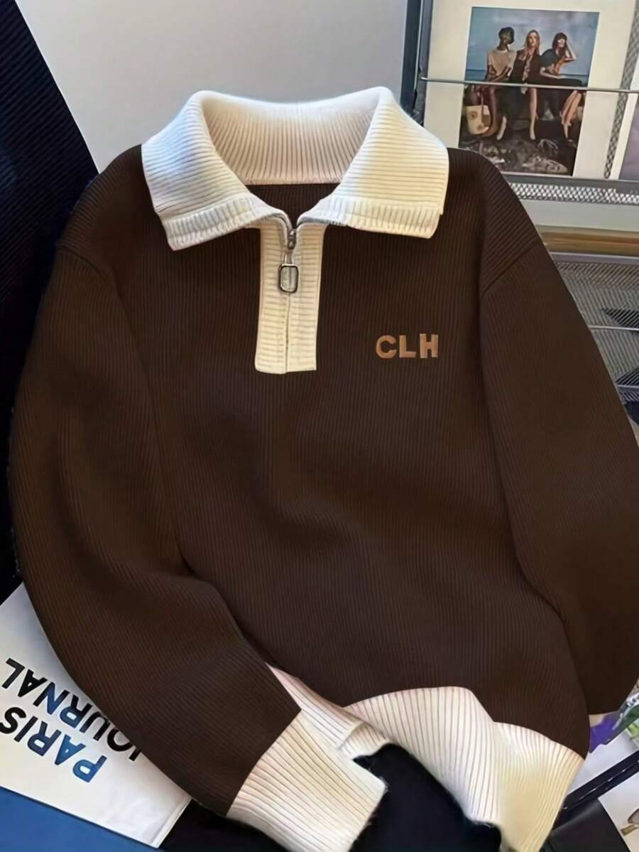Zip-Up Long Sleeve Knit Cardigan, Versatile Knit Sweater - Coffee Brown - View 1