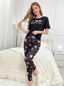 Black Cartoon Print Short Sleeve Top And Pants 2 Pieces Pajama Set Women's Loungewear - Black - View 5