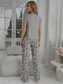 Grey Cartoon Animal Print Short Sleeve Top And Pants 2 Pieces Pajama Set Loungewear For Women - Grey - View 2