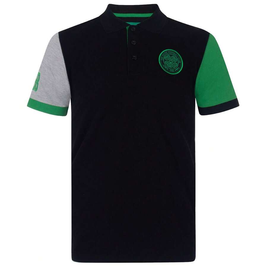 Celtic FC Mens Contrast Sleeves Polo Shirt - Black - View 1