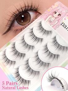 5 Pairs Natural Style False Eyelashes, Soft 3D Faux Mink Hair, Reusable, Suitable For Daily Makeup, Naturally Enlarging Eyes - Black - View 1