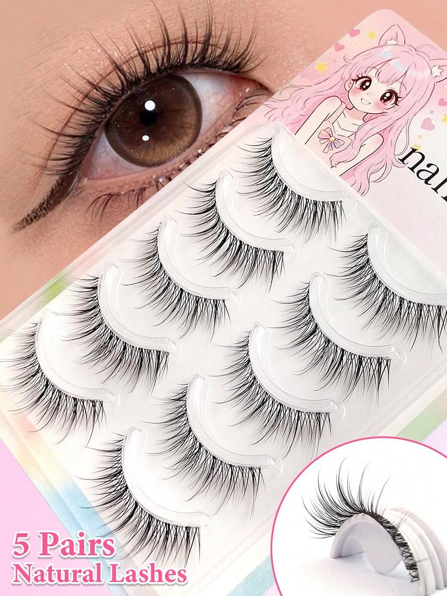 5 Pairs Natural Style False Eyelashes, Soft 3D Faux Mink Hair, Reusable, Suitable For Daily Makeup, Naturally Enlarging Eyes - Black - View 1