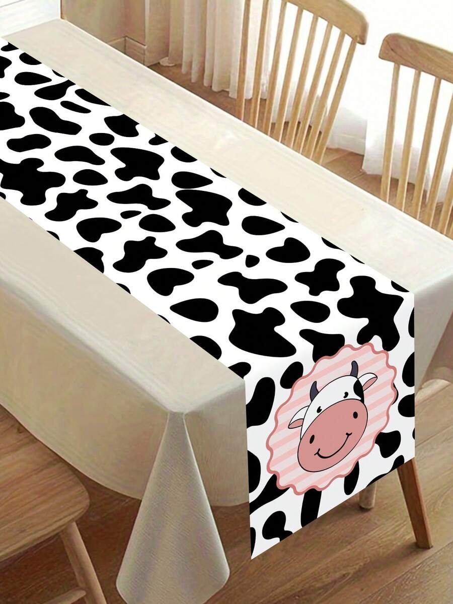 1pc Cow Print Table Runner, 180x35cm Polyester Tablecloth With Cow Spotted Pattern, Suitable For Boys And Girls Farm Theme Birthday Party Decoration, Baby Shower Supplies - Multicolor - View 1