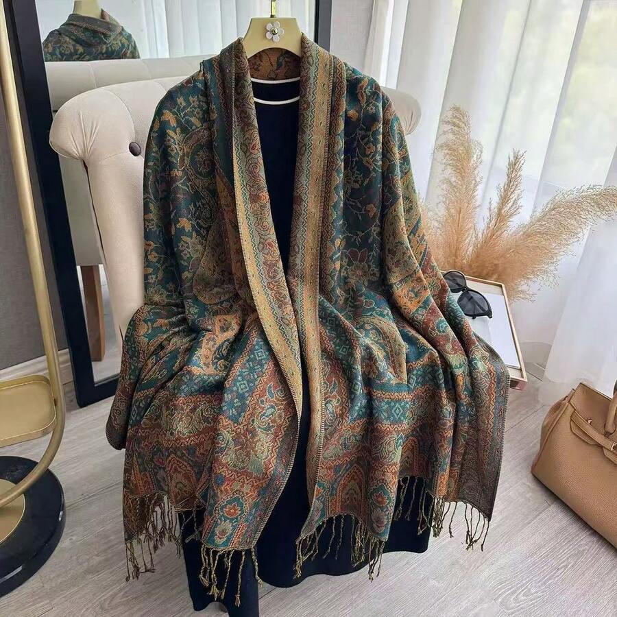 1pc Women's Multicolor Vintage Paisley Floral Jacquard Pattern Bohemian Style Long Tassel Windproof Shawl Scarf, Suitable For Daily Outings, Sun Protection, Travel And Bohemian Style Photo Shoots, Classic Popular Cashew Print Tassel Long Scarf, Elegant Women's Shawl - Multicolor - View 1