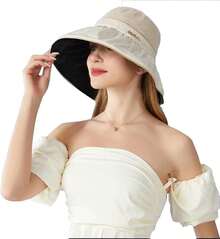 GeorgeX Sombreros de Sol para Mujeres UPF 50+ de Verano para Mujer Sombrero Anti-Sombrero de Playa para Mujer Sombrero de Verano con ala Ancha y Cordón Antitanque - Negro - Ver 9