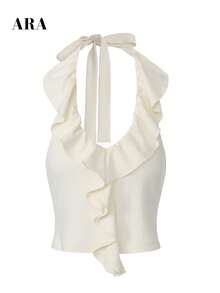 ARA CHIC Women's Cream Ruffle Halter Neck Top, Lace-Up Backless Sleeveless Fitted Cropped Blouse, Date Night Outfit - Light Yellow - View 8