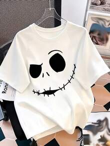Officially Licensed Disney Women's Casual Short-Sleeve Crew Neck T-Shirt - Color-Blocked "" Jack Skellington Print, Brea - 白色 - 查看 1