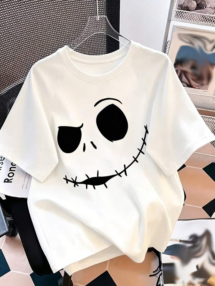 Officially Licensed Disney Women's Casual Short-Sleeve Crew Neck T-Shirt - Color-Blocked "" Jack Skellington Print, Brea - 白色 - 查看 1