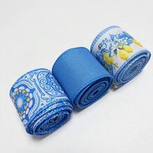 3捲藍色地中海風緞帶套組（含金屬邊）寬5cm，總長900cm，適用婚禮與節日派對，DIY蝴蝶結、花環裝飾、禮物包裝 - 地中海3pcs - 查看 8
