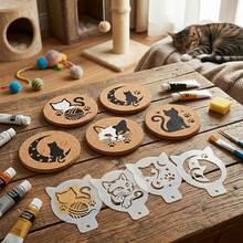 9pcs Cat Theme Face Painting Stencils, Kitten Silhouette, Moon, Stars, Fish Bone, Paw Print & Yarn Ball Patterns, Suitable For Face Painting, DIY Painting, Cutting, Painting Stencils - Cat-themed Face Painting - View 5