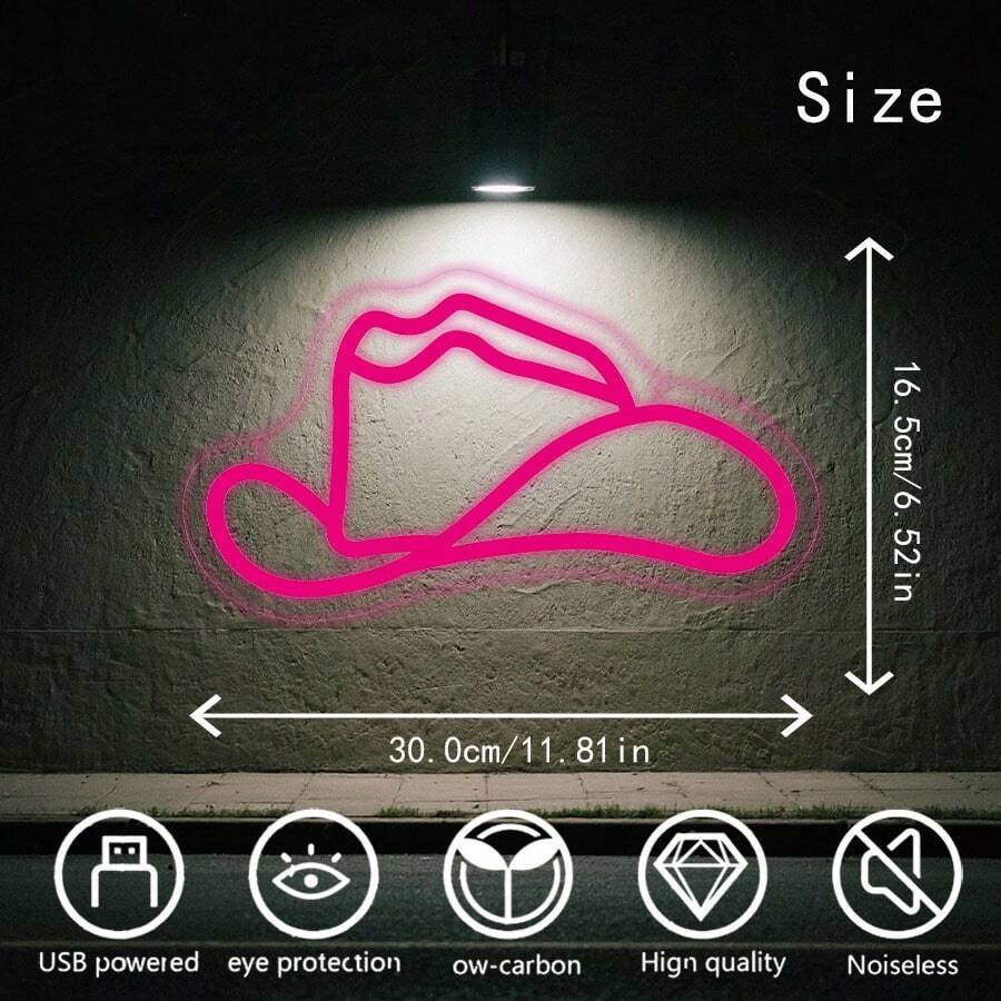 1 pieza Letrero de luz de neón con forma de sombrero de vaquero, adecuado para decoración de dormitorio, bar, pub, alimentado por USB - Rosa Fucsia - Ver 1