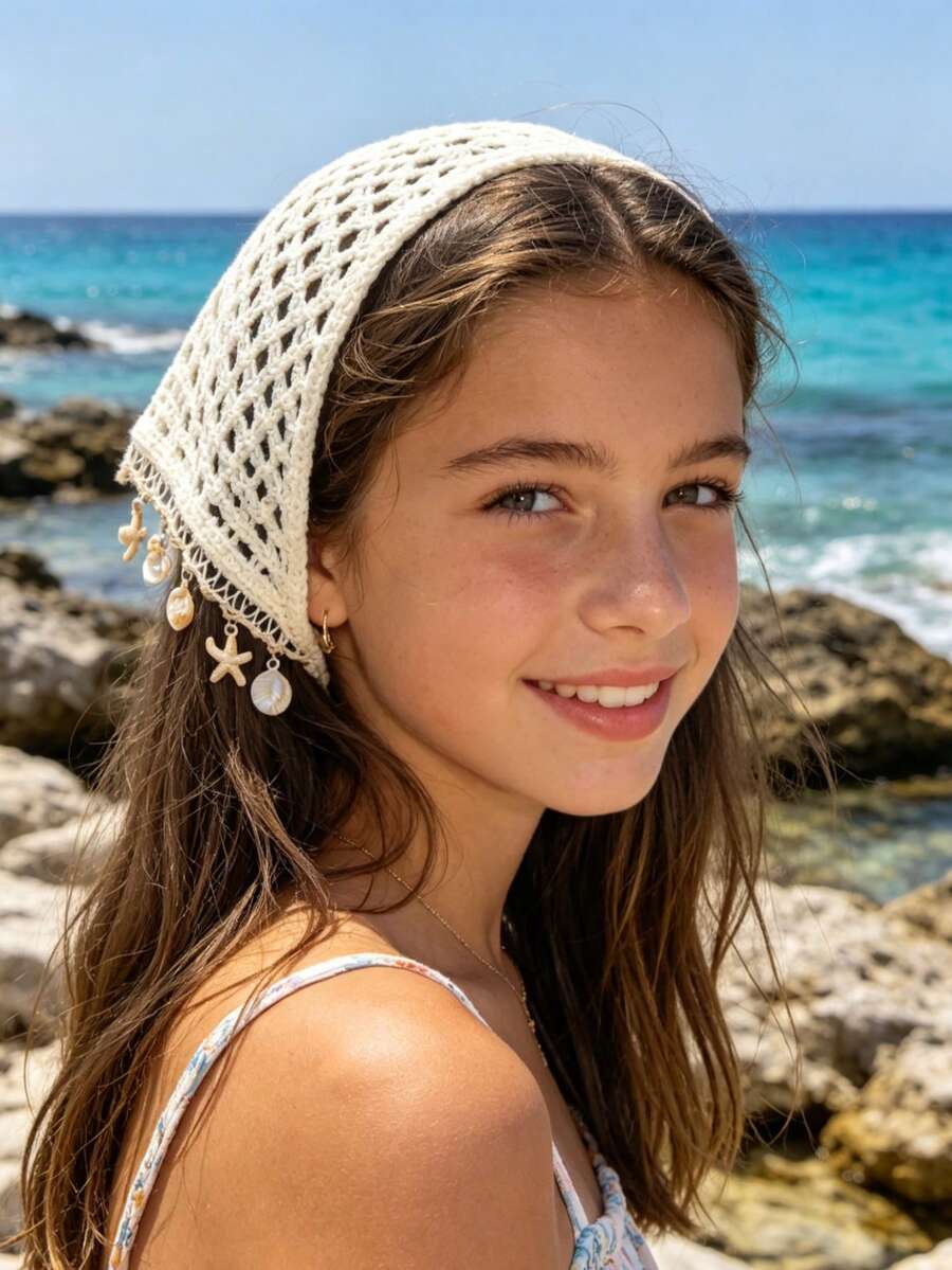 1pc Early Autumn Kids Beach Vacation Style Cream White Hollow Crochet Triangle Headband With Starfish Shell Conch Pendant Tassel Knitted Headscarf Sweet Girl Beach Photo Cute Hair Accessory - White - View 1