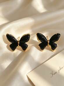 Ins Blogger Style Shiny Black Five-Leaf Stud Earrings, 304 Stainless Steel, For All-Day Wear, Non-Irritating, Smooth Petal Design, Versatile Ear Jewelry For Work, School, Shopping, Dating, Self-Use Or Gift, Perfect For Graduation Season, Casual Outfits, Cafe Check-Ins, Lakeside Photos, Shopping, Picnic With Besties, Small Parties, And Home Gatherings - Multicolor - View 9