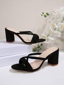 Women's Cross Strap High Heel Sandals, Minimalist Round Toe Suede Leather Commuter Spring/Summer New Office Versatile Open Toe Backless Platform Fashion Lady Chunky Heel Fashion Sandals - Black - View 7