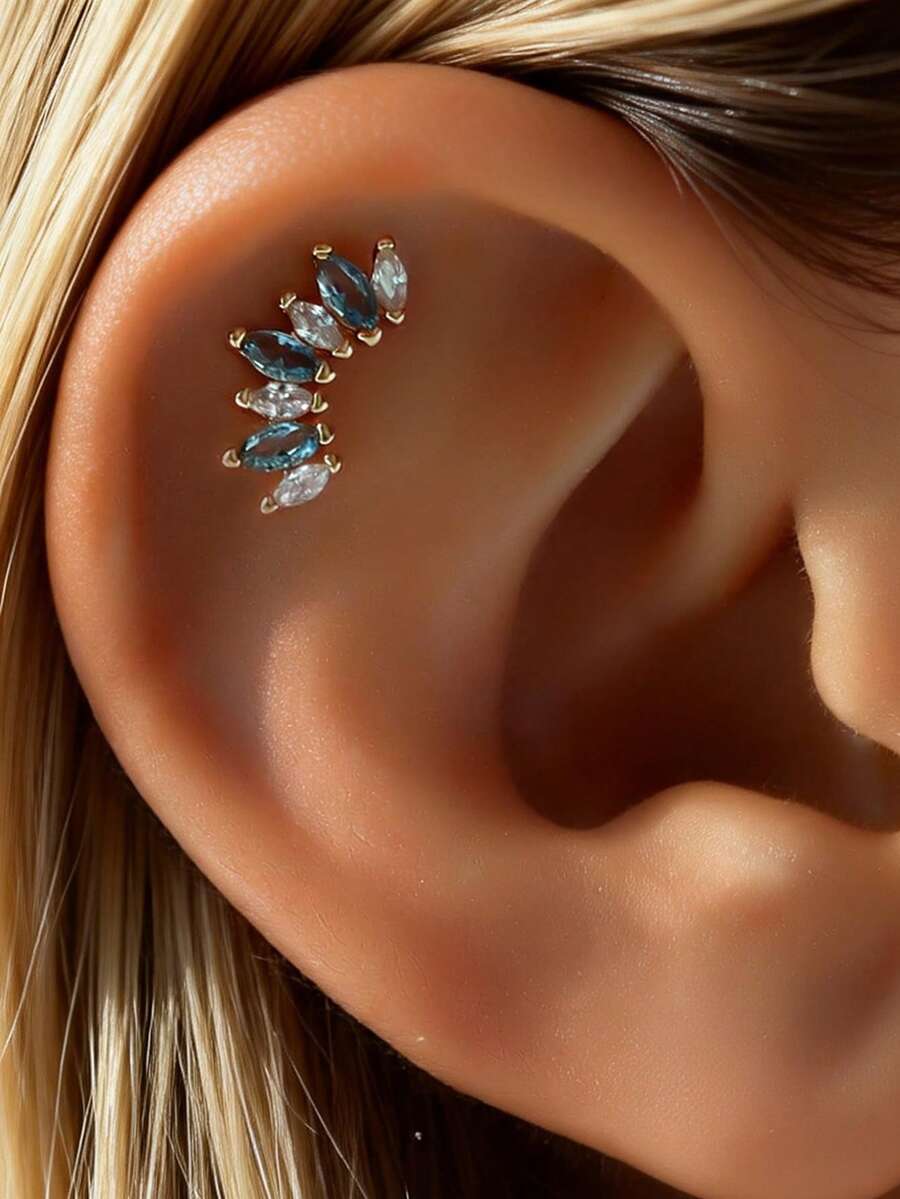 1pc Inlaid Cubic Zirconia Minimalist Stud Earrings, Women's Daily, Date, Party, Gathering Matching, Copper Jewelry - Yellow Gold - View 1