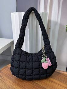 Bolso de hombro versátil para uso diario y desplazamientos, de color liso, suave, acolchado tipo nube, plisado y de llevar bajo el brazo - Negro - Ver 11