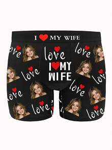 1pc Customized "I Love My Wife" Men's Boxer Briefs, Personalized Wife Photo Underwear, Romantic Gift For Husband, Heart Design, 9 Sizes - Black - View 3