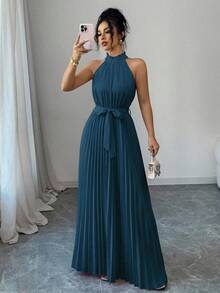 elegante y romántico con cuello con volantes y cintura plisada en línea A para mujeres para el Día de San Valentín - Agua verde azul - Ver 1