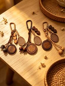 1PC Wooden Style Tennis Racket Keychain, Handmade Pendant For Bag Car, Brown Mini Sport Key Ring, Unique Gift For Him - Multicolor - View 5
