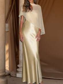 2pcs Set: Satin Slip Dress With Shawl, Dates Or Wedding Guest Attire Summer Elegant - Pale Yellow - View 4