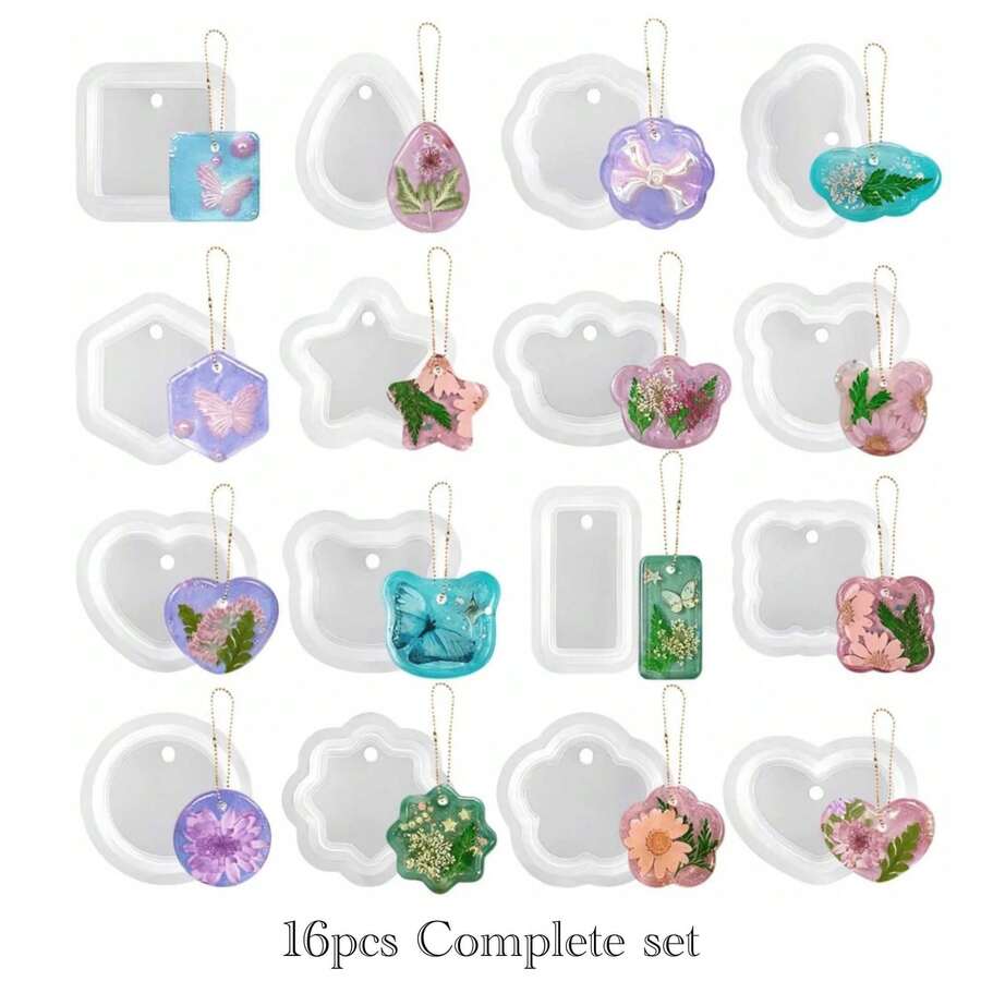 16PCS/6PCS Assorted Geometric Pendant Silicone Molds With Hanging Holes, Jewelry UV Resin Molds, Epoxy Resin Necklace Keychain Molds, Multi-Functional Pendant Molds For Girls, Creative Mother's Day Gift - White - View 1
