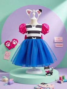 2pcs/Set Toddler Girls' Cat Costume, Includes Dress And Headpiece, Suitable For Children's Halloween Carnival Role Play, Children's Birthday Party Delicate Costume Gift - Blue - View 2