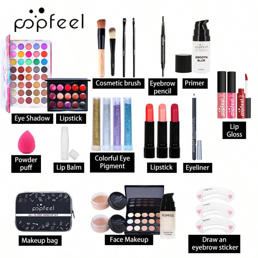 Popfeel All-In-One Makeup Kit, Includes Eyeshadow, Lipstick, Lip Gloss, Face Makeup & Eye Tools, Long-Wearing Cosmetic Set With Portable Bag, Beginner-Friendly For Daily Travel Makeup Looks - Brown - View 1