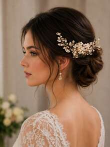KOVLYNE 1pc Gold & Silver Pearl And Crystal Floral Bridal Hair Comb, Elegant Wedding Hair Accessory For Women - Multicolor - View 1