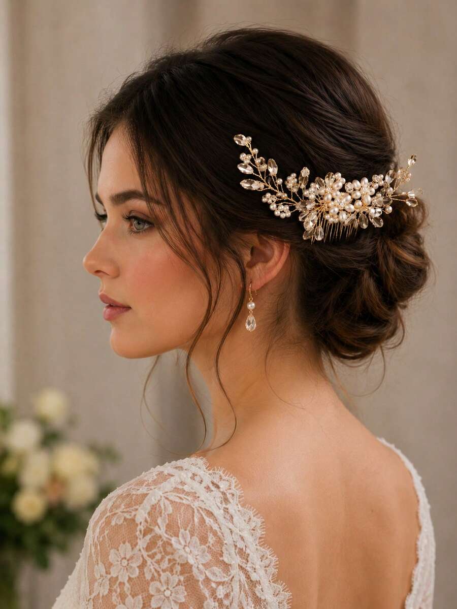 KOVLYNE 1pc Gold & Silver Pearl And Crystal Floral Bridal Hair Comb, Elegant Wedding Hair Accessory For Women - Multicolor - View 1
