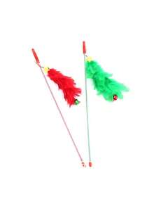 Cat Toy Red & Green Christmas Tree Teaser Wand With Bell, Interactive Pet Toy With Colorful Feathers, Indoor Cat Exercise Toy, No Battery Required, Suitable For All Seasons, Pet Supplies, Cat Entertainment Product, Universal For All Stages - View 6