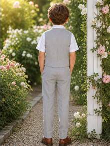Young Boy Solid Color Single-Breasted Vest, Long Pants And Bow Tie Set Suitable For Performance, Host, Flower Boy And Other Occasions - Grey - View 7