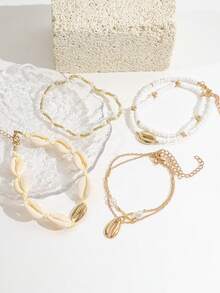 Juego de 6 tobilleras elásticas de cuentas de arroz con perlas falsas y conchas estilo playa, multicapa, bohemio, estilo vacaciones junto al mar, apilables, hechas a mano para mujeres - Dorado - Ver 5