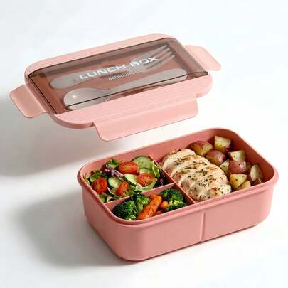 1 pieza Fiambrera - Rosa - Con utensilios, Fiambrera Bento con cuchara y tenedor, Fiambrera para microondas, Bolsa Bento aislada, Juego de contenedores de almacenamiento de alimentos de 3 compartimentos, Aperitivos, Almuerzo, Juego de viaje portátil
