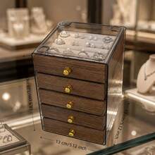 1pc 3/5-Layer Walnut Color Jewelry Box, Top Cover Ring Slots + Double-Layer Divided Drawers, Classified Storage For Earrings, Bracelets, Pendants. Dust-Proof Transparent Cover, Dressing Table Jewelry Organizer. - Multicolor - View 13