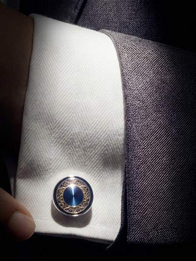 Light Luxury Blue Base With Gold Floral Pattern Round Men's Cufflinks, Business Formal French Shirt Exquisite Accessory, Wedding Banquet Suit Versatile Metal Cuff Studs
