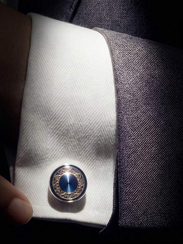 Light Luxury Blue Base With Gold Floral Pattern Round Men's Cufflinks, Business Formal French Shirt Exquisite Accessory, Wedding Banquet Suit Versatile Metal Cuff Studs