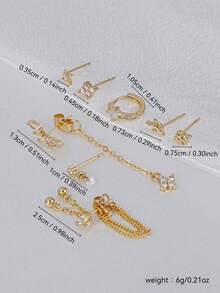 8Pcs Multi Pack Tiny Gold CZ Cartilage Stud Earrings, Dangle Chain Cubic Zirconia Tragus Helix Piercing Jewelry For Women Girls Multiple Ear Piercings - Yellow Gold - View 2