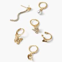 Multi-Style Stackable Earring Set 6 Pieces Rhinestone Butterfly Pearl Hoop Earrings Jewelry Gift For Women Girls Birthday Present - Gold - View 7