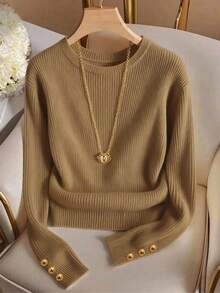 Elegante camiseta de punto de cuello redondo, top de punto minimalista de moda, otoño/invierno - Marrón - Ver 6