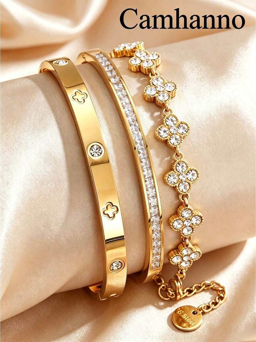Camhanno 3pcs/1pc Luxury Three-Color Zirconia Four-Leaf Clover Bracelet & Bangle Set, 18K Gold Plated Stainless Steel, Hypoallergenic, Non-Fading, Waterproof, Rust-Resistant Women's Accessories - Gold 1 - View 1