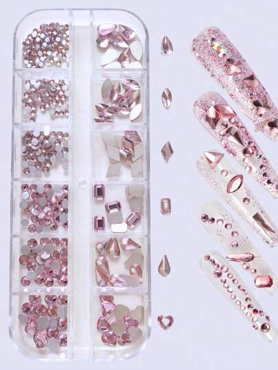 12-Grid Nail Art Rhinestone Set, Asymmetric Rhinestones And Flat-Bottom Rhinestones, AB Color Nail DIY Rhinestone Decoration Set Box