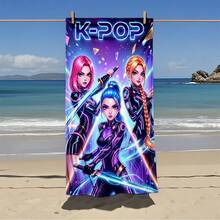Cyber 風格 K-POP 女團印花超細纖維海灘巾，吸水快乾無毛屑浴巾，適用於海灘游泳與度假 - A - 查看 1