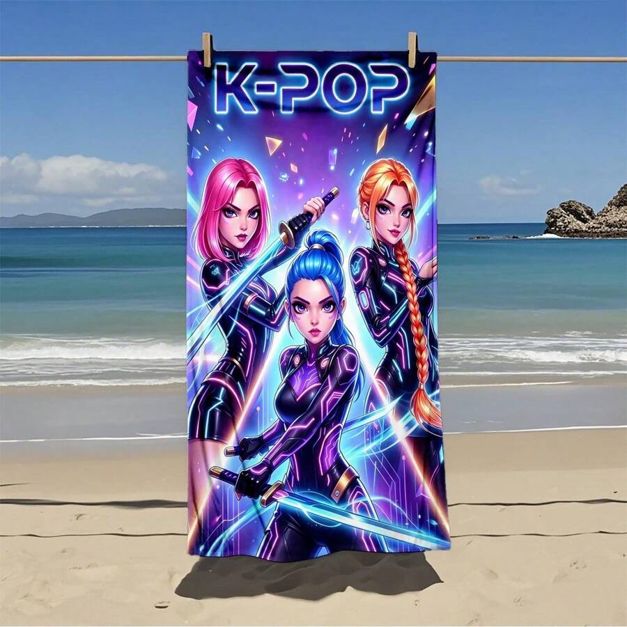 Cyber 風格 K-POP 女團印花超細纖維海灘巾,吸水快乾無毛屑浴巾,適用於海灘游泳與度假 - A - 查看 1