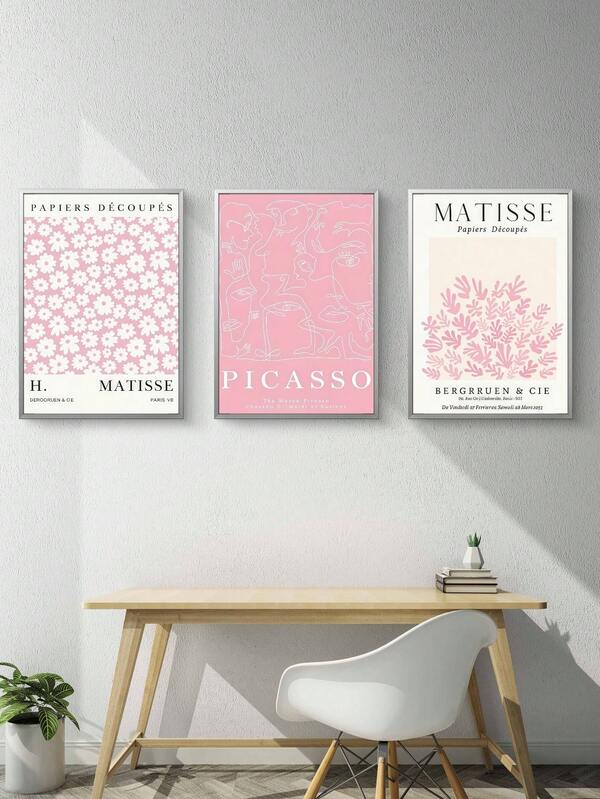 3pcs Matisse & Picasso Style Pink Wall Art Set - Abstract Floral Market Posters, Canvas Paintings, Suitable For Living Room, Bedroom, Dining Room Decor (Unframed), Birthday, Graduation, Kitchen Decor Gift