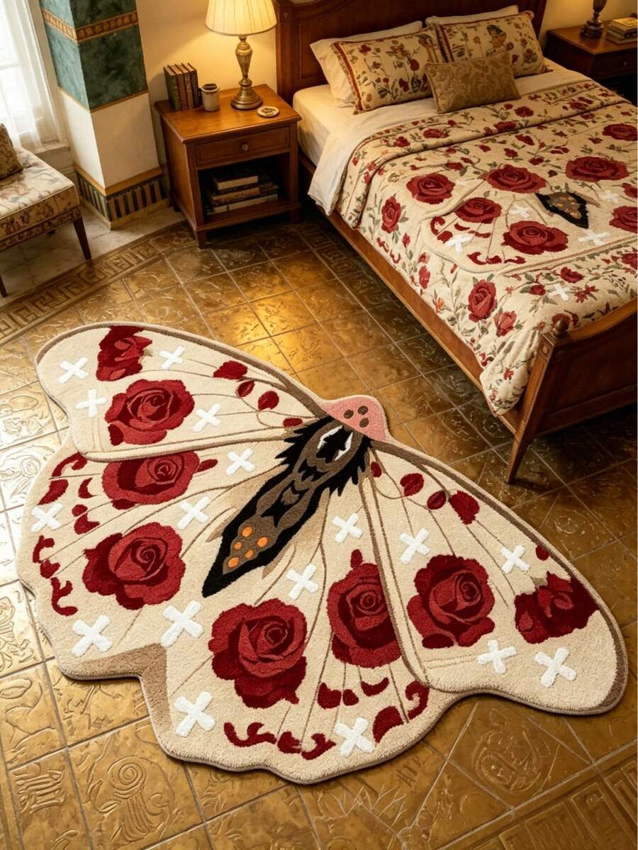 1pc Red And White Butterfly Floor Mat, Thickened Carpet, Decorative Rug, Bedroom Decor, Small Rug, Carpet, Home Decor, Living Room Rug, Living Room Small Rug, Bedroom Rug, Living Room Home Decor, Outdoor Rug, Washable Carpet, Graduation Gift - Red and White - View 1