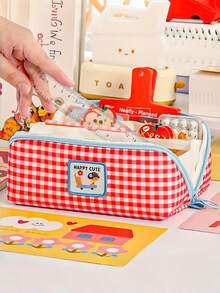 1 pieza Nuevo estuche de lápices con estampado de cuadros de perro salchicha, caja de almacenamiento de artículos de papelería de gran capacidad, bolsa de lápices portátil, bolsa organizadora de artículos de tocador para viajes, soporte para lápices, funda para marcadores, caja de bolígrafos, bolsa de maquillaje, bolsa de almacenamiento de escritorio, esencial para volver a la escuela - Multicolor - Ver 4